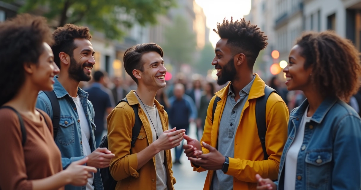 Young people standing in a city discussing and smiling 