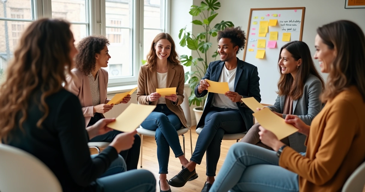 Small team sitting in a circle, sharing gratitude slips during a meeting 