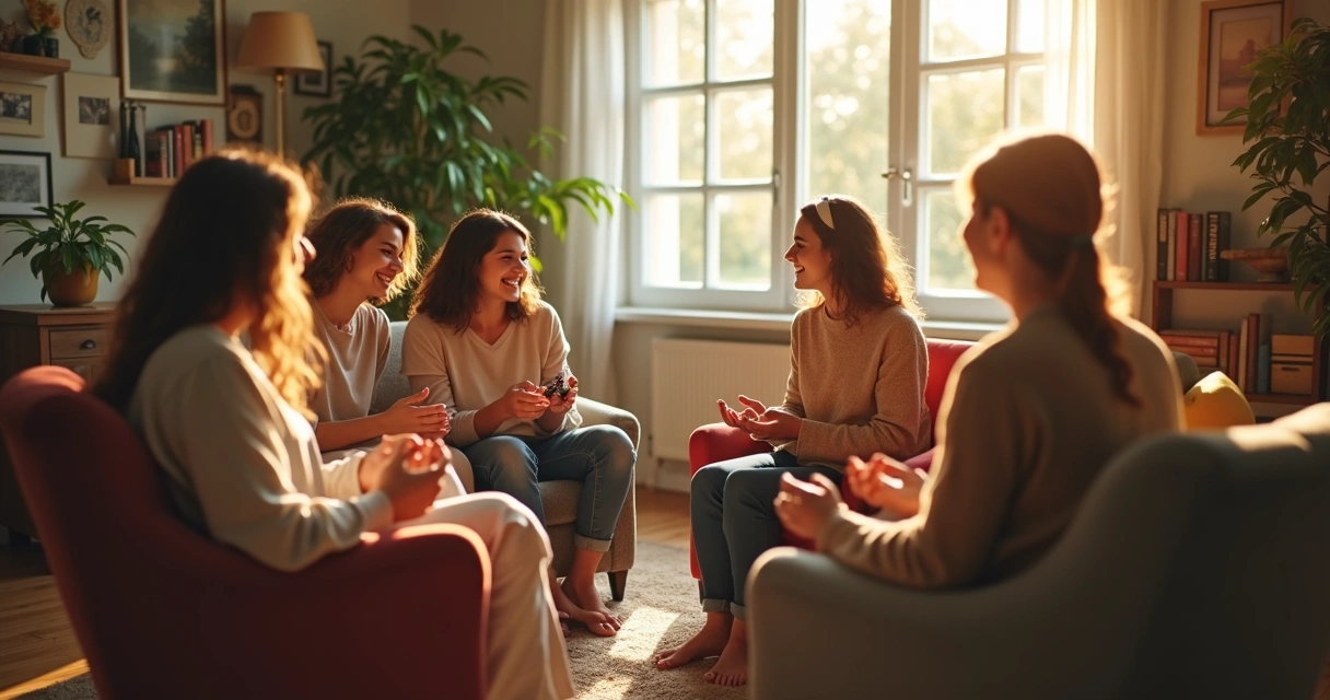 Small group of people sitting in a circle, sharing gratitude, calm room with soft natural light. 
