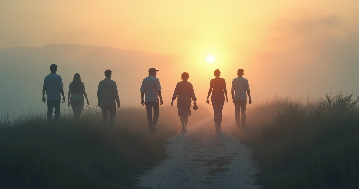People walking together toward a distant light, symbolizing shared growth 