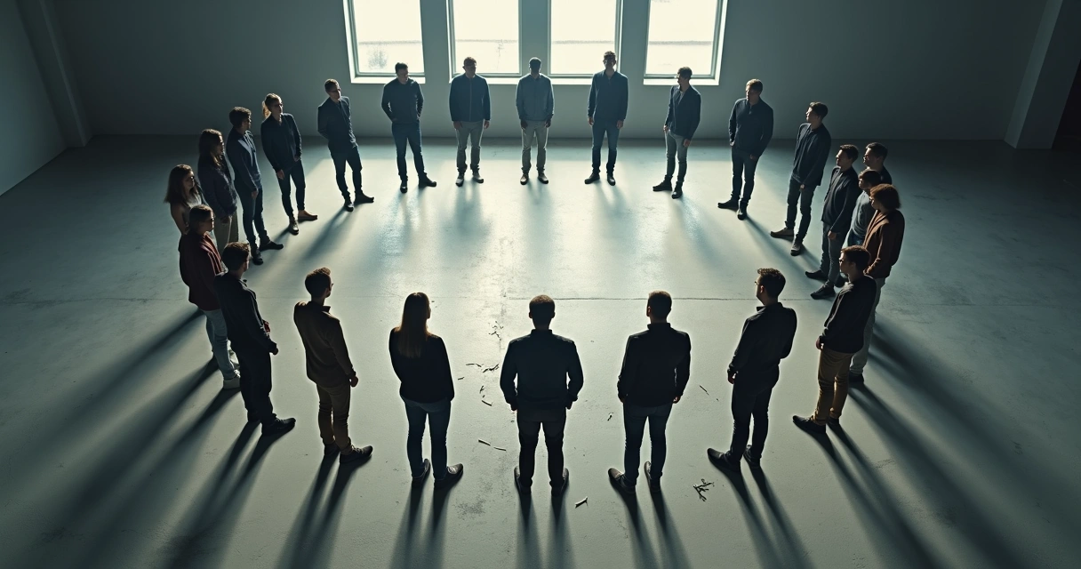 Group of people connected by shared shadow forming a chain of guilt 