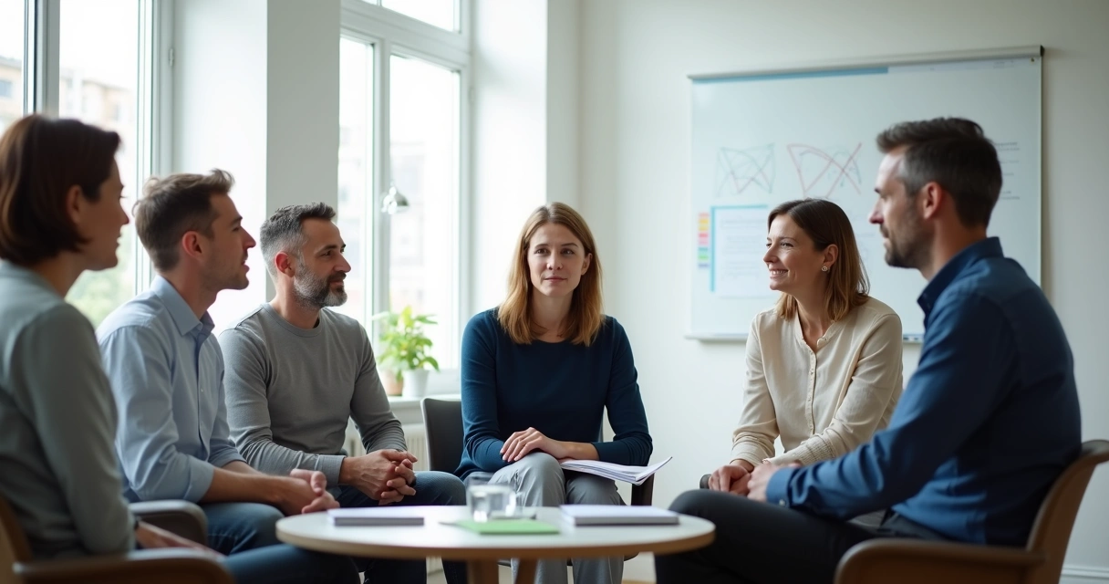 Diverse group in circle discussing with one member slightly withdrawn 