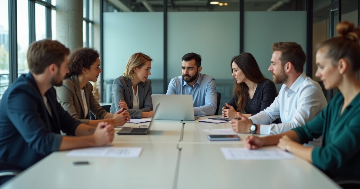 Team in meeting, several members looking frustrated, some crossing arms, tense posture, office background