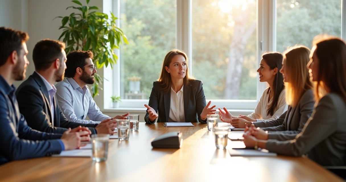 Diverse group of people discussing around a table, with one person speaking confidently and others paying close attention