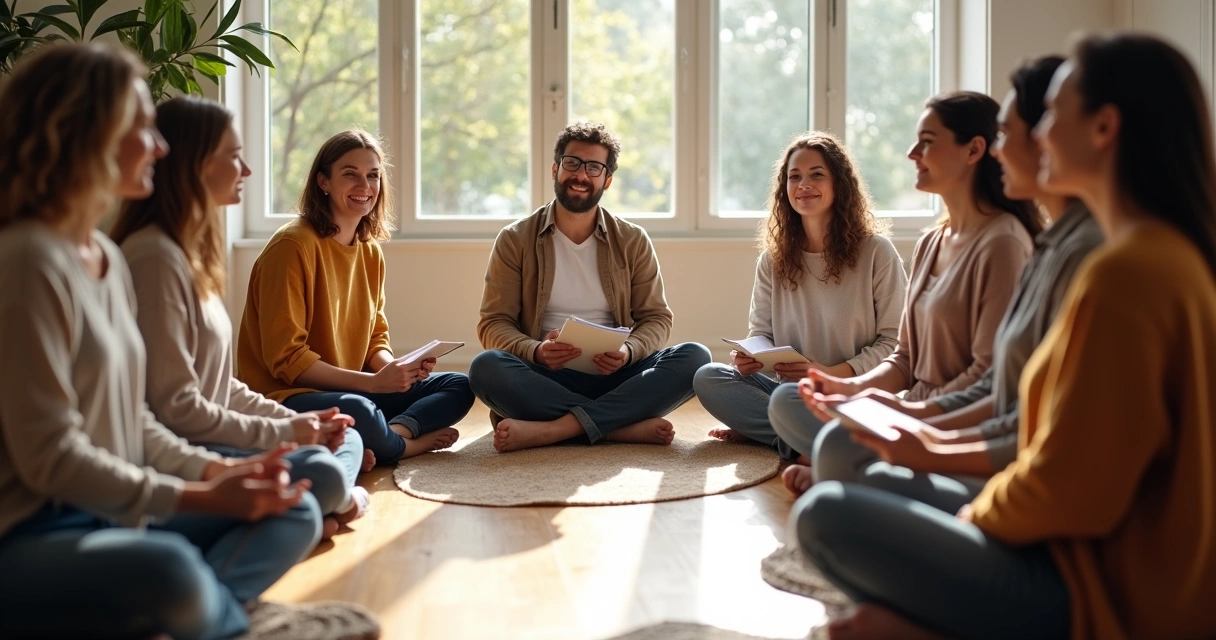 People sitting in a circle with notebooks, setting intentions together 