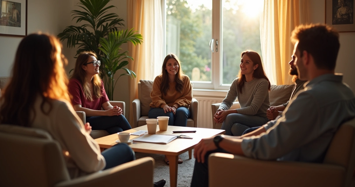 Small group seated in a circle, engaged in discussion, notes and coffee on low table 