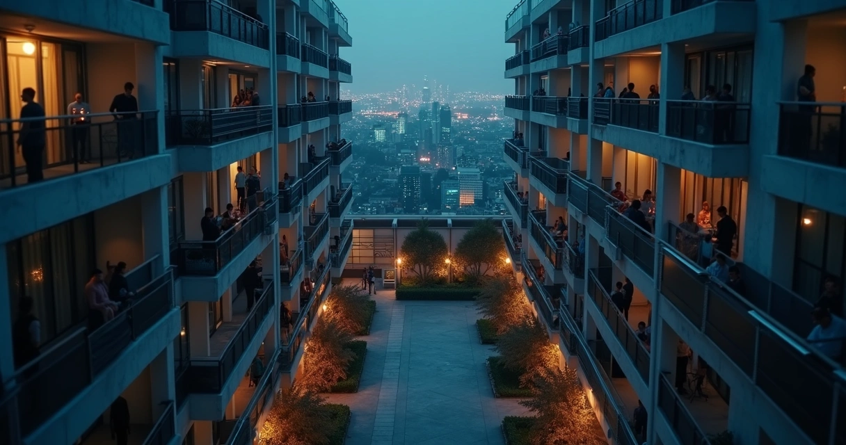 People on balconies forming a glowing pattern between buildings at night 