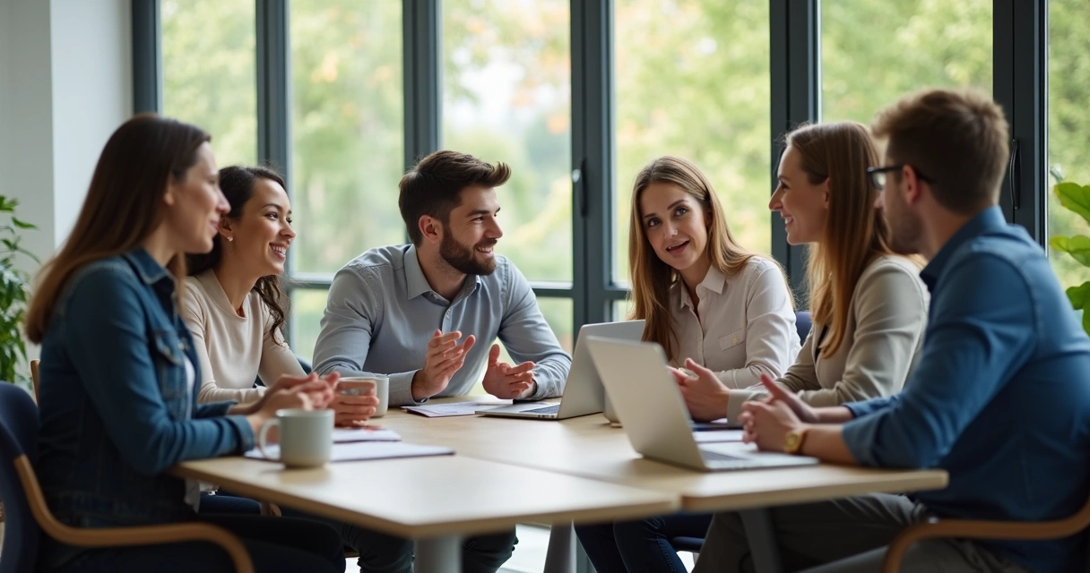 Team discussing around a table with one person quietly observing as others interact. 