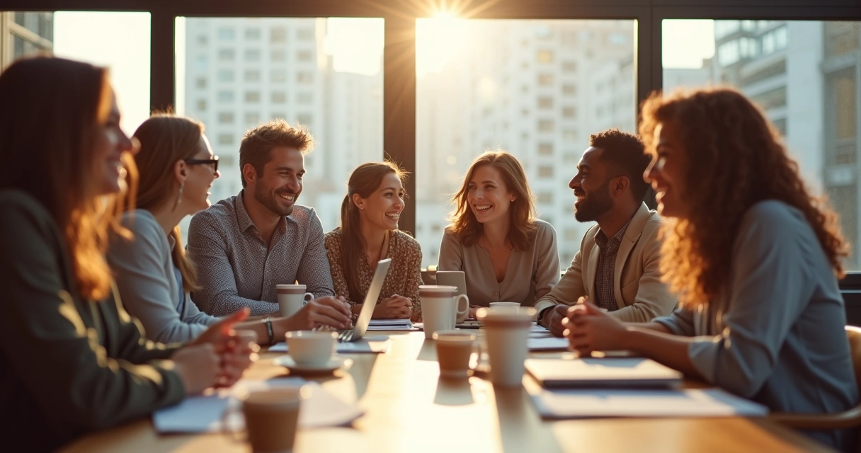 People in an office laughing together, showing shared happiness