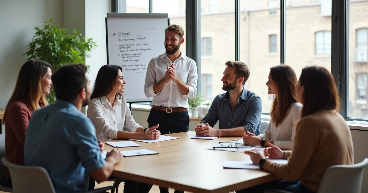 Team gathered in a circle with leader facilitating group coaching session 