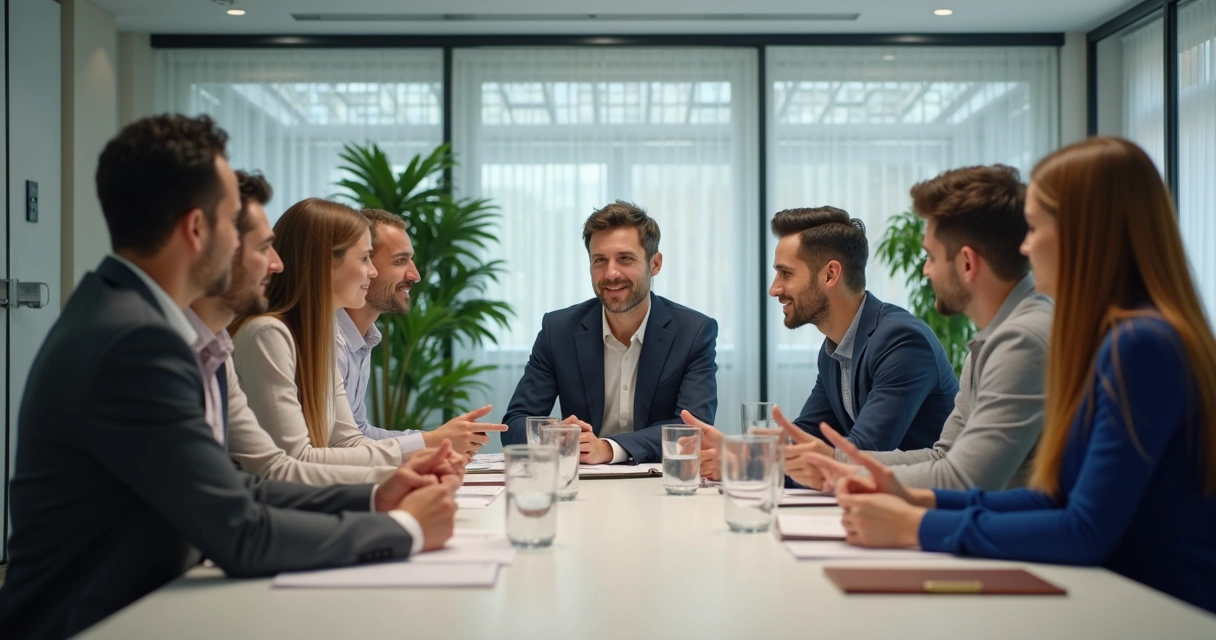 Group of people in business meeting with leader listening attentively 