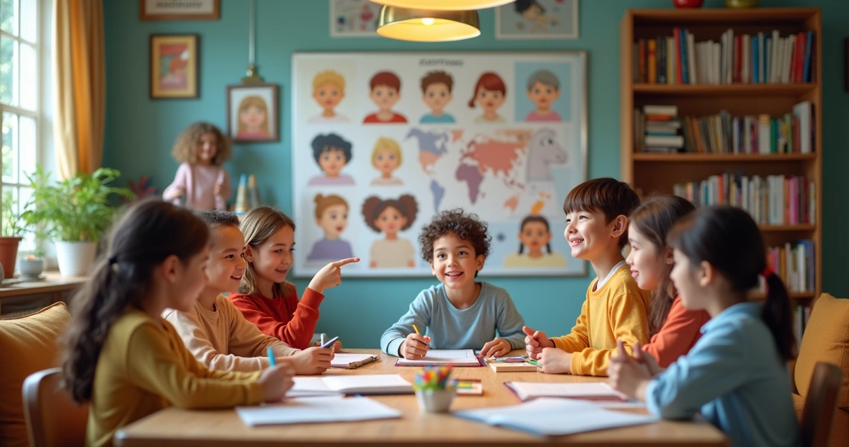 People in group discussion with emotional expression chart on wall 