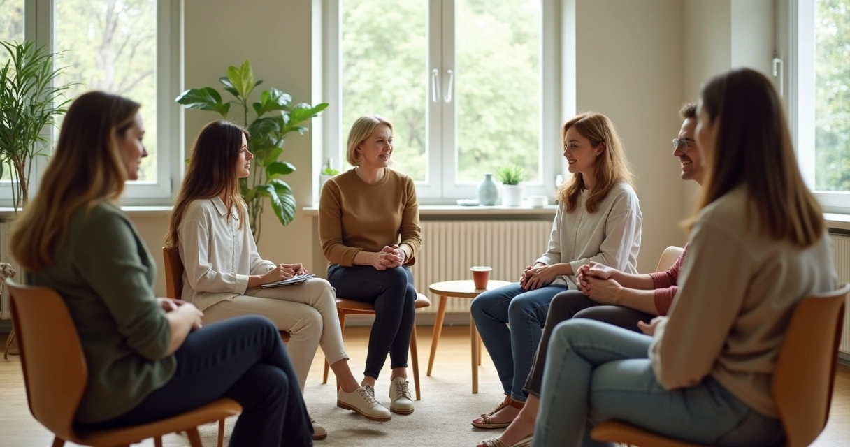 People sitting in a listening circle during a calm discussion