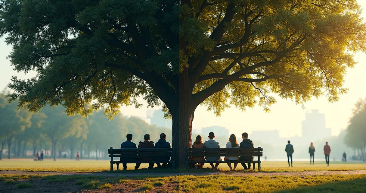 Two small groups facing opposite directions under a tree shaped in two contrasting halves 