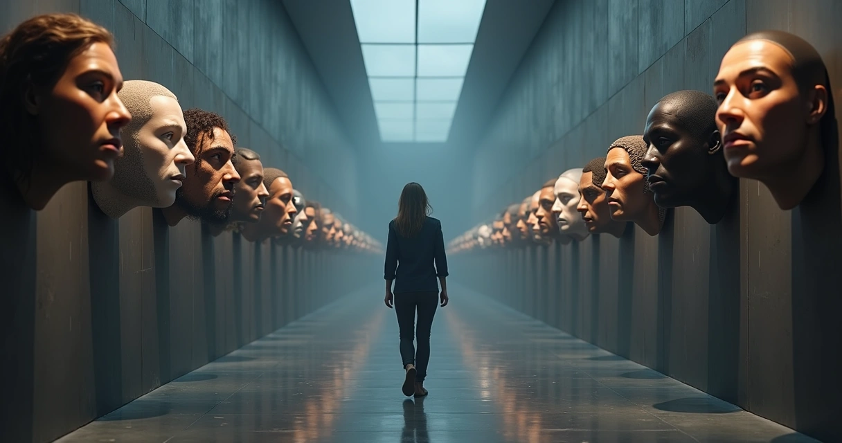Person walking through gallery of floating masks aligned with different groups 