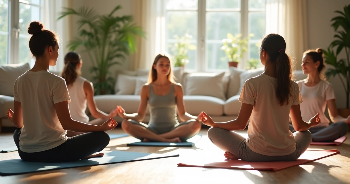 Pessoas meditando juntas em uma sala de estar iluminada.