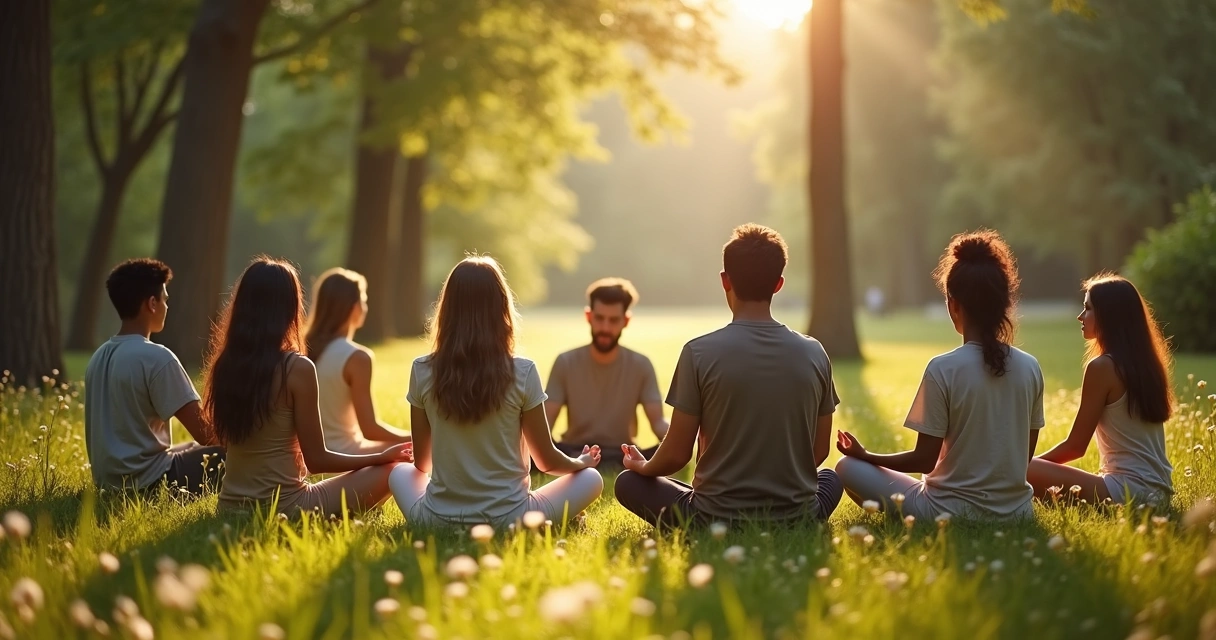 Small group meditating outside in nature, sunlight filtering through trees 