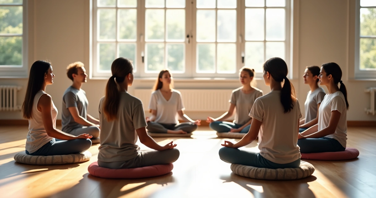 A diverse group of people meditating together in a bright room