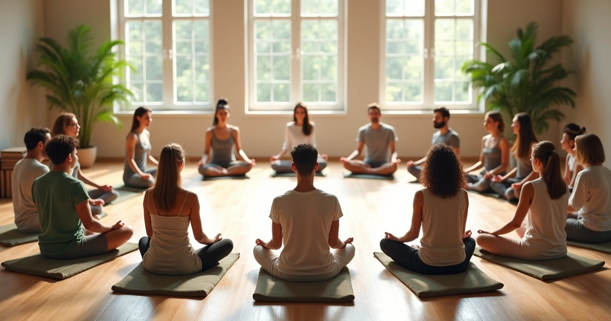 Meditation group seated in a quiet circle indoors