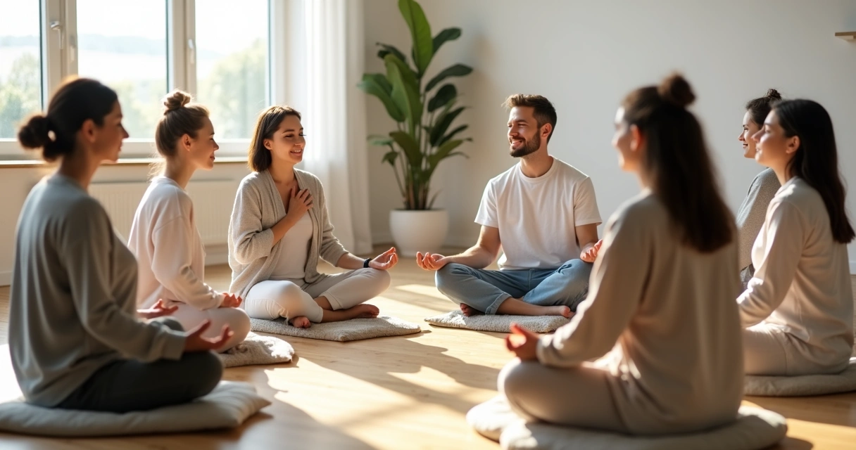 Diverse group sitting in a circle practicing calm self-regulation together 