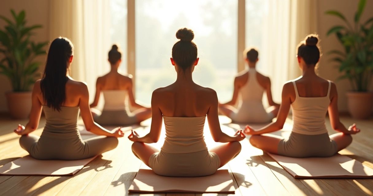 Group of people meditating together, sitting in a circle, soft daylight, shared calm atmosphere. 