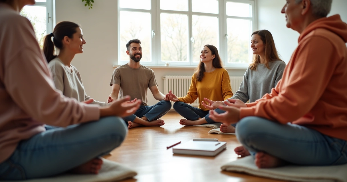 Small group meditating together in bright room 