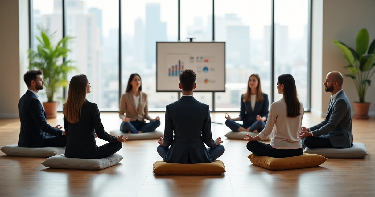 Diverse coworkers meditating together in a modern office meeting room 