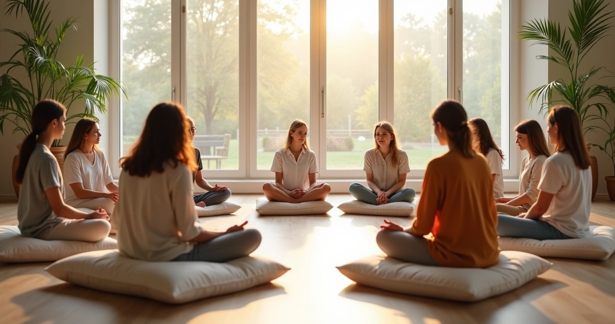Group meditating in a circle in a sunlit room 
