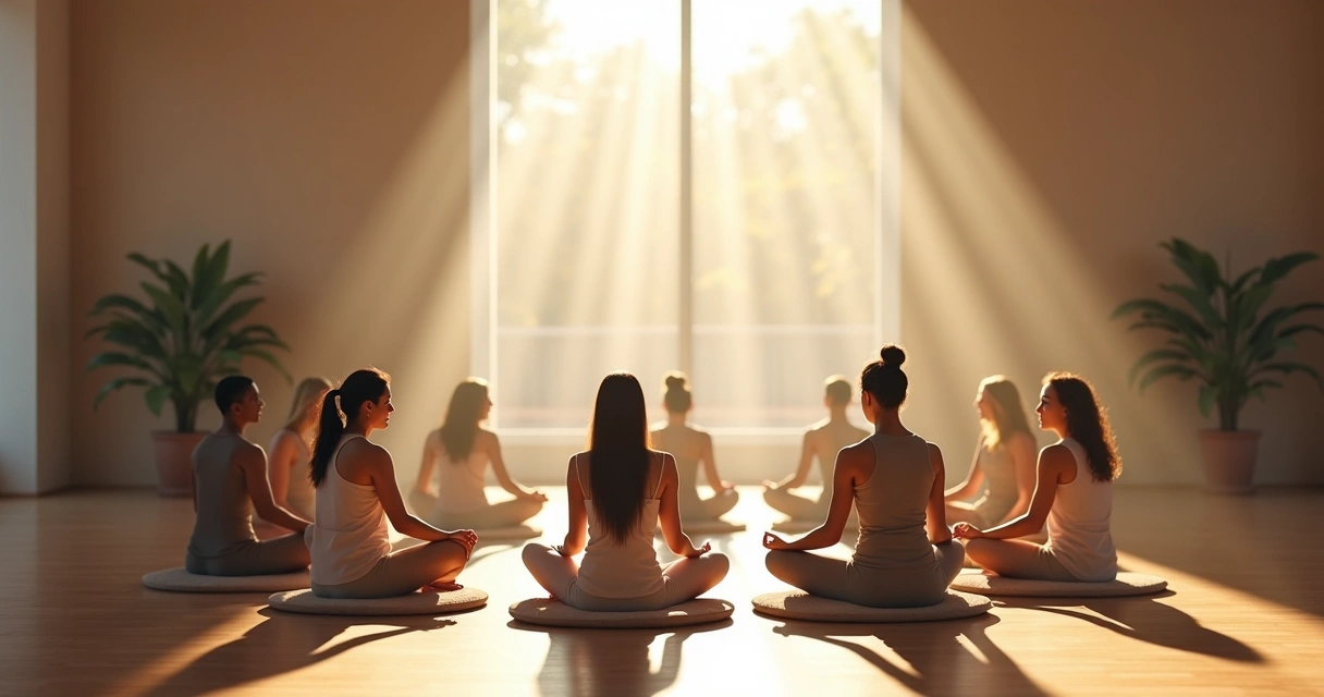 Group meditating with light connecting them 