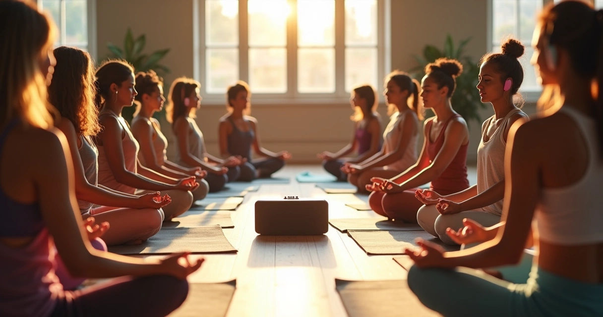Group meditating, listening to music together 