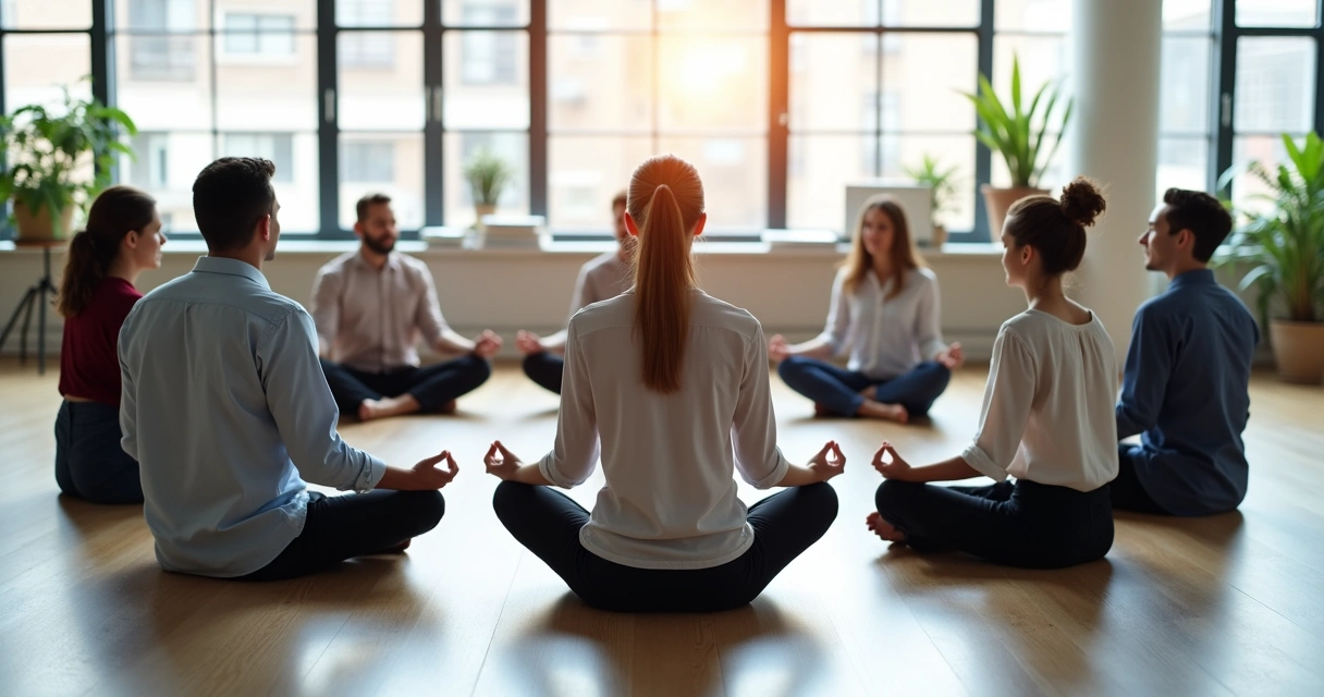Employees sitting together cross-legged on the floor in an office, meditating with closed eyes, soft light from large windows 