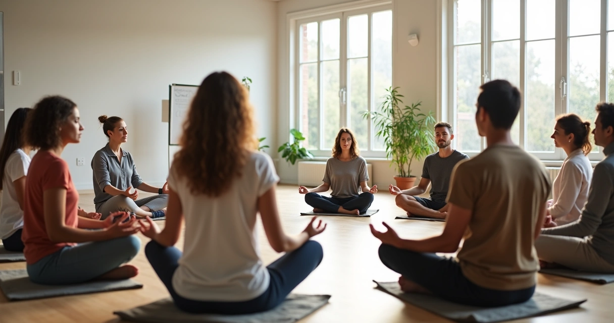 Diverse group seated in a circle practicing mindful presence together 