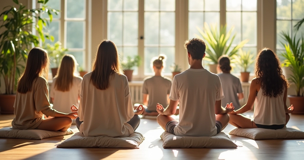 Group of people meditating together in a sunlit room 