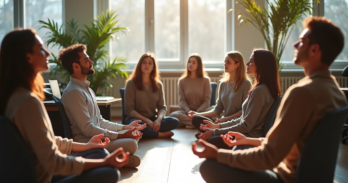 Team in office sitting quietly in a circle, eyes closed, meditating together. 
