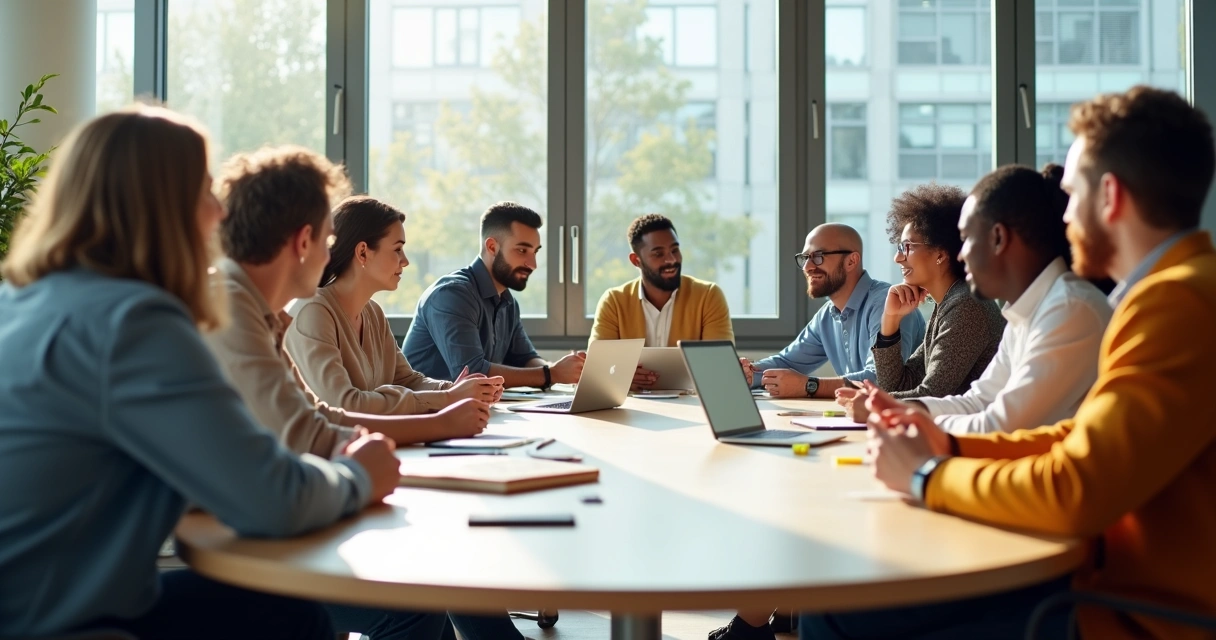 Team gathered in a bright office, sharing ideas in an open group meeting
