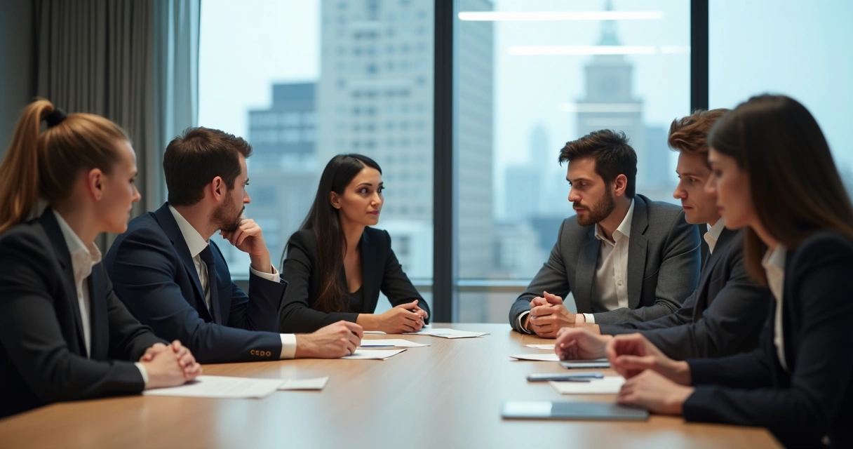 Coworkers in a meeting room glancing at each other, uncertainty on their faces 