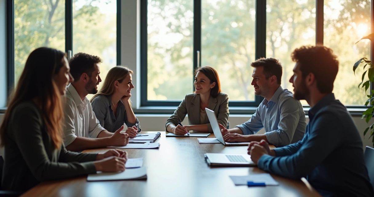 Business team seated around table in thoughtful discussion 