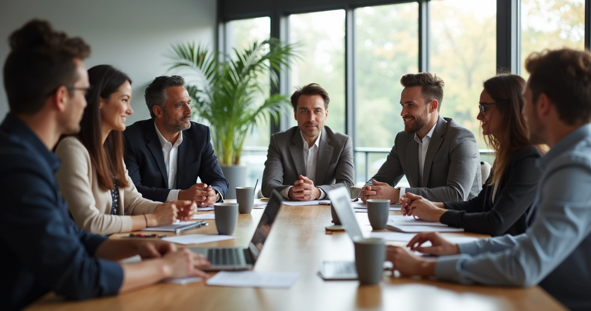Group of people in a meeting, some talking and others silent, engaged in discussion 