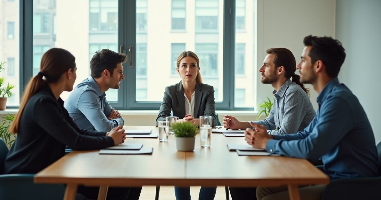 Team sitting in a tense meeting room with contrasting body language