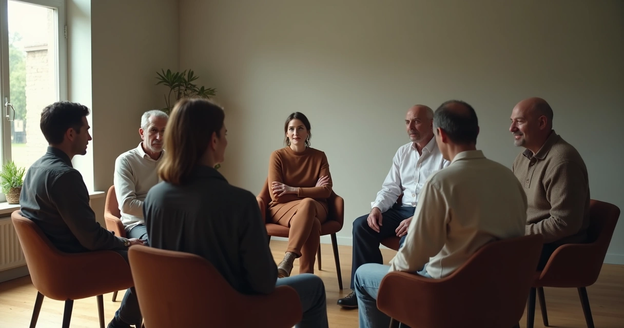 Small group seated in a circle during a tense conversation