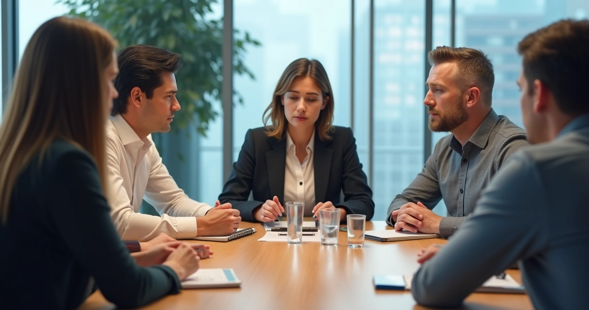 People in a meeting with visible emotional tension on their faces