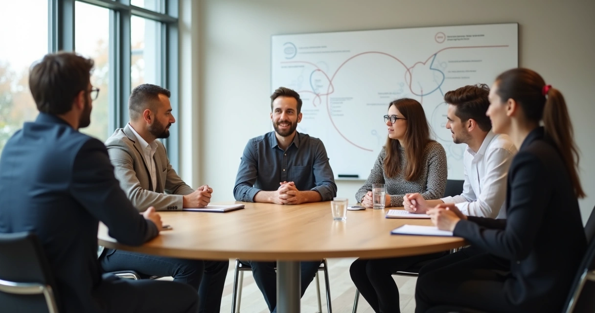 Small group in a meeting with visible interaction patterns