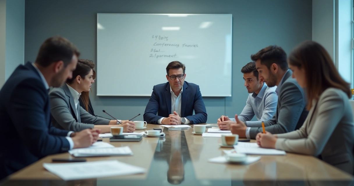 People in a meeting with one person controlling the conversation 