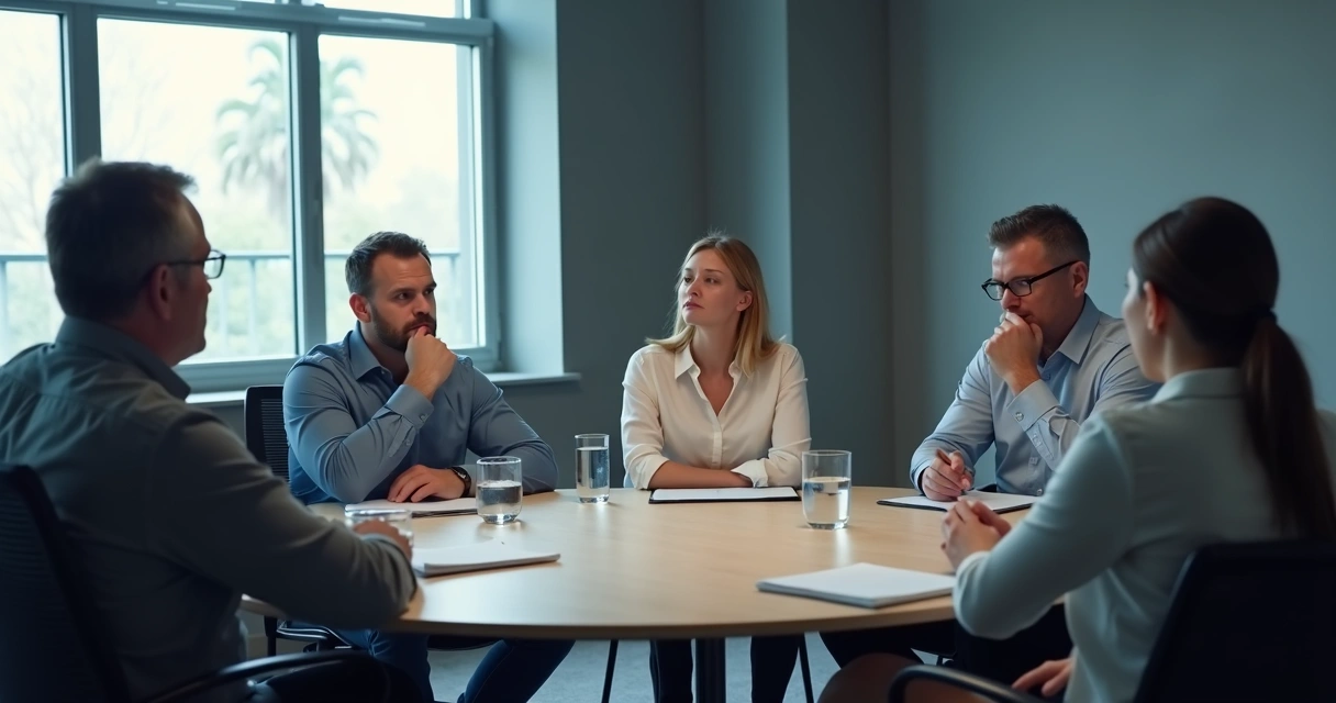 People in a meeting with visible tension and mixed reactions