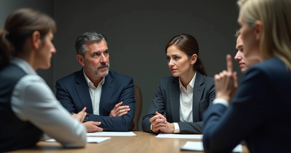 People in an office meeting with subtle, tense body language 
