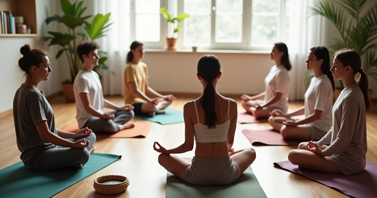 Diverse group sitting quietly in a circle, meditating together in a bright room 