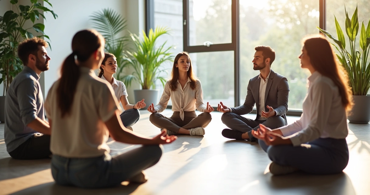 Colleagues sitting in a circle meditating with eyes closed 