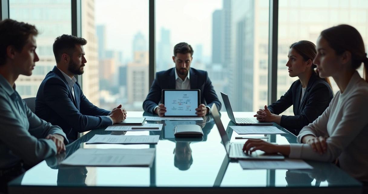 Team in meeting influenced by contrasting moods around the table 