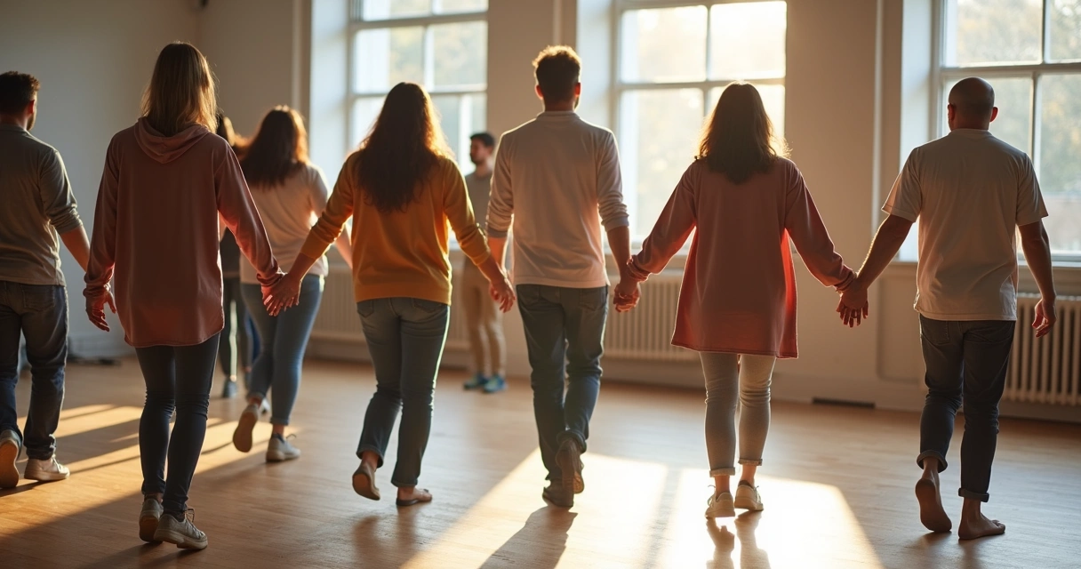People moving together in a circle during a group ritual