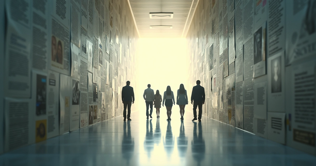 Silhouetted group walking through corridor of overlapping story fragments 